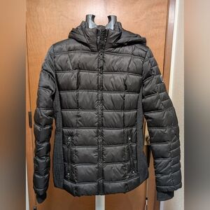Nautica Women's Removable Hood Water Resistant Quilted Coat Large Charcoal Black